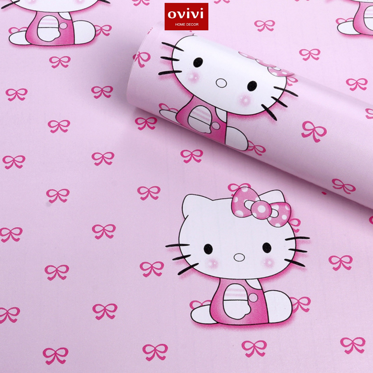 Giấy dán tường có keo sẵn kitty nơ hồng - Ảnh 2