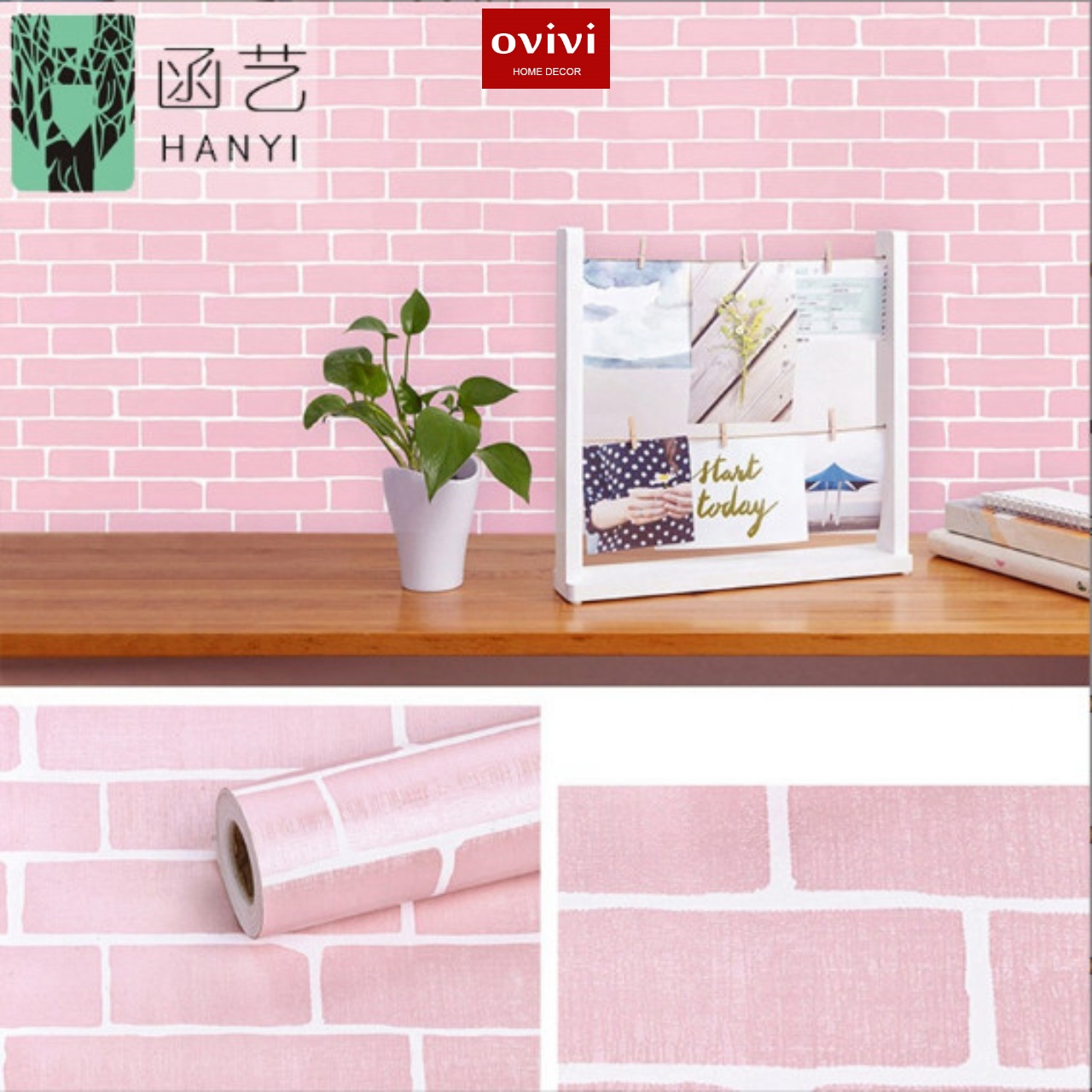 Giấy dán tường có keo sẵn gạch hồng - Ảnh 7