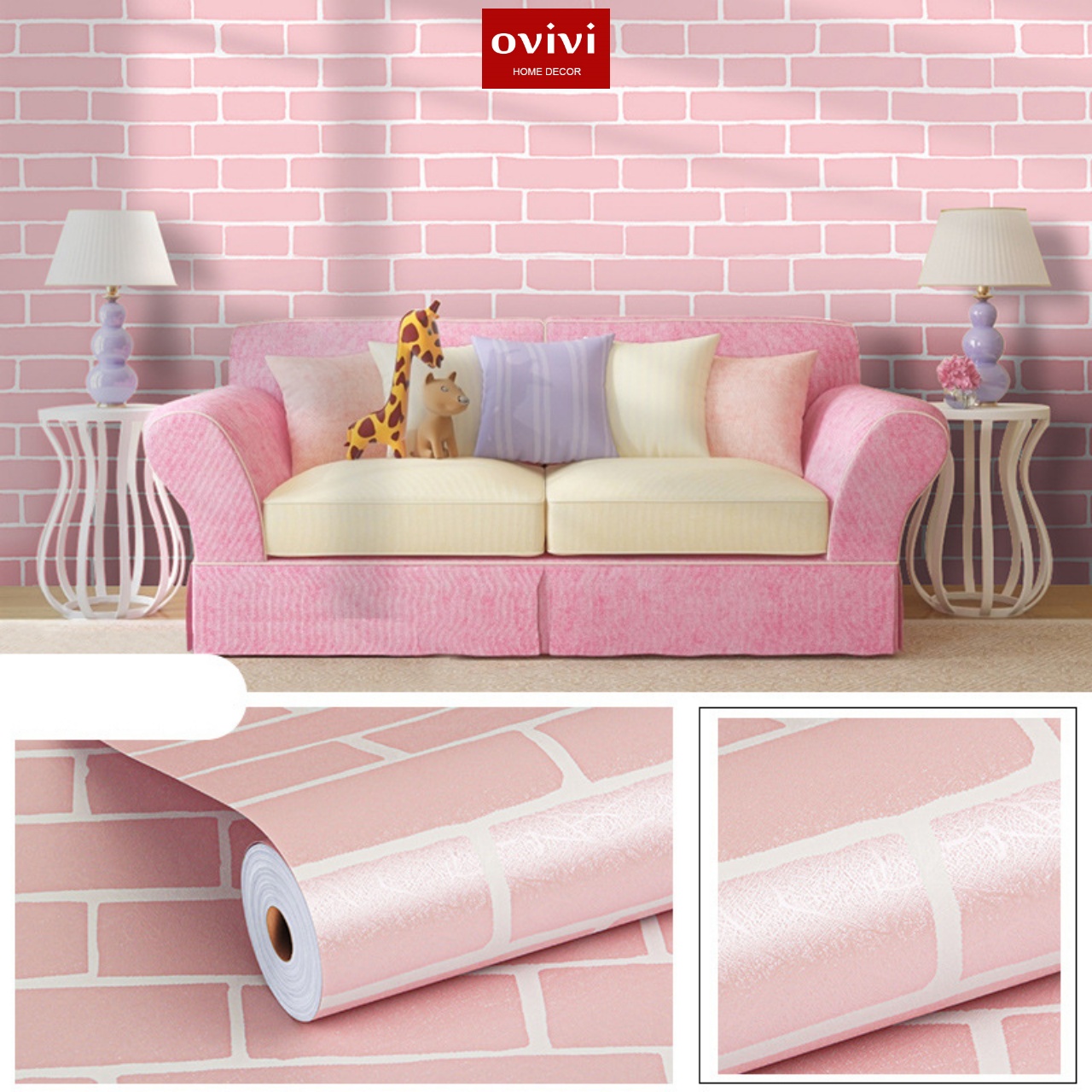 Giấy dán tường có keo sẵn gạch hồng - Ảnh 3