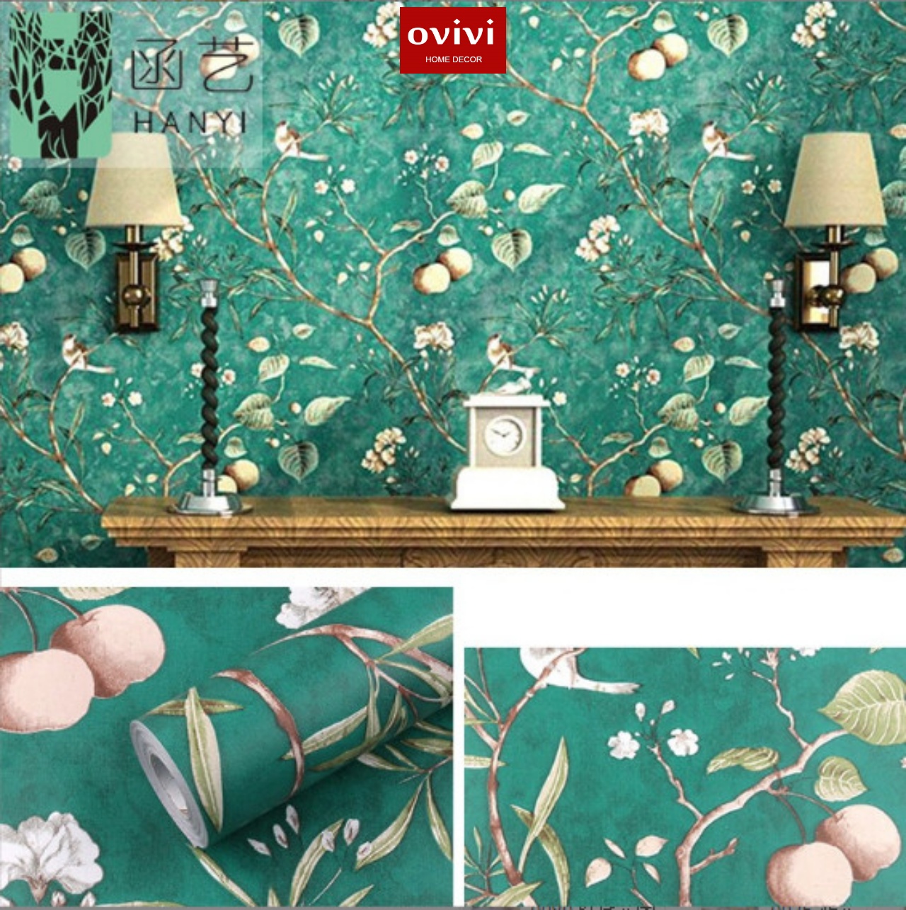 Giấy dán tường có keo sẵn cành đào và tổ chim - Ảnh 15