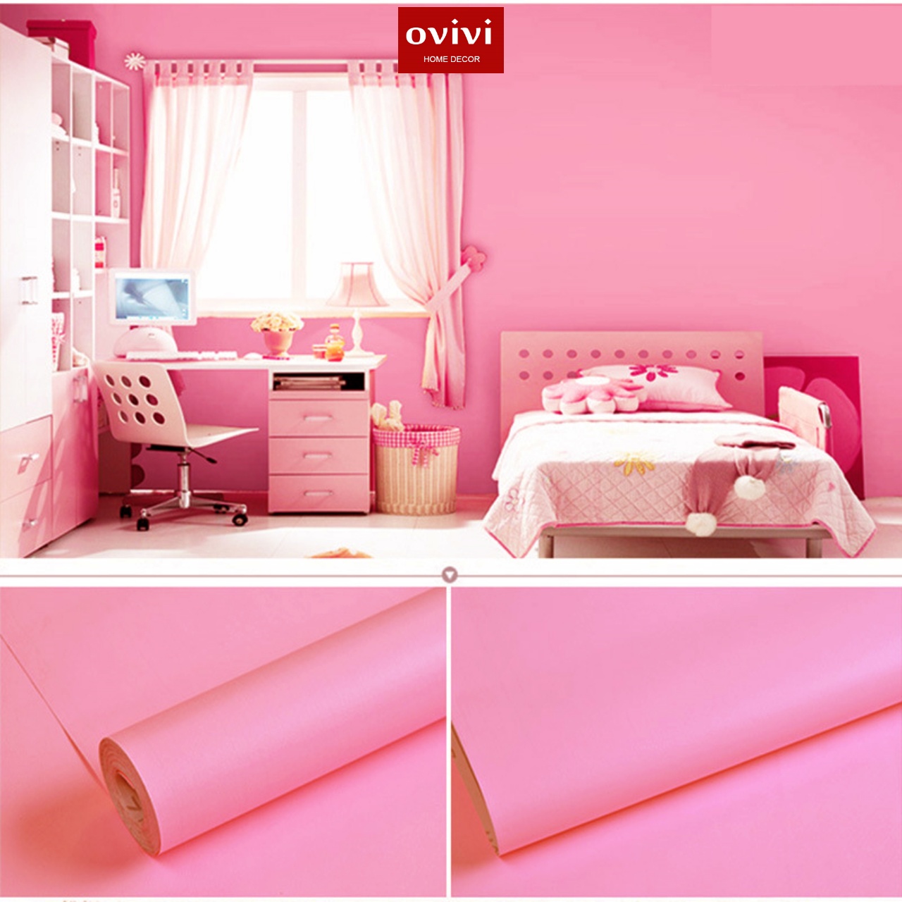 Giấy dán tường có keo sẵn màu hồng đậm trơn - Ảnh 5