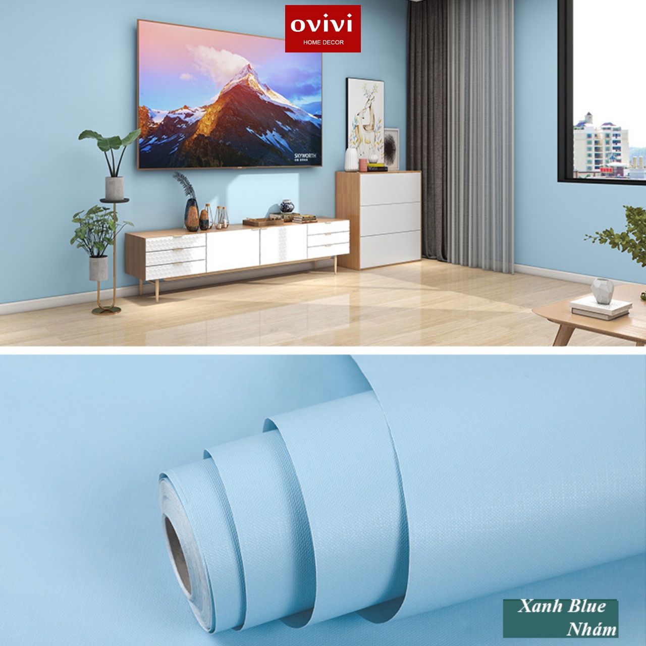 Giấy dán tường có keo sẵn màu xanh dương - Ảnh 2