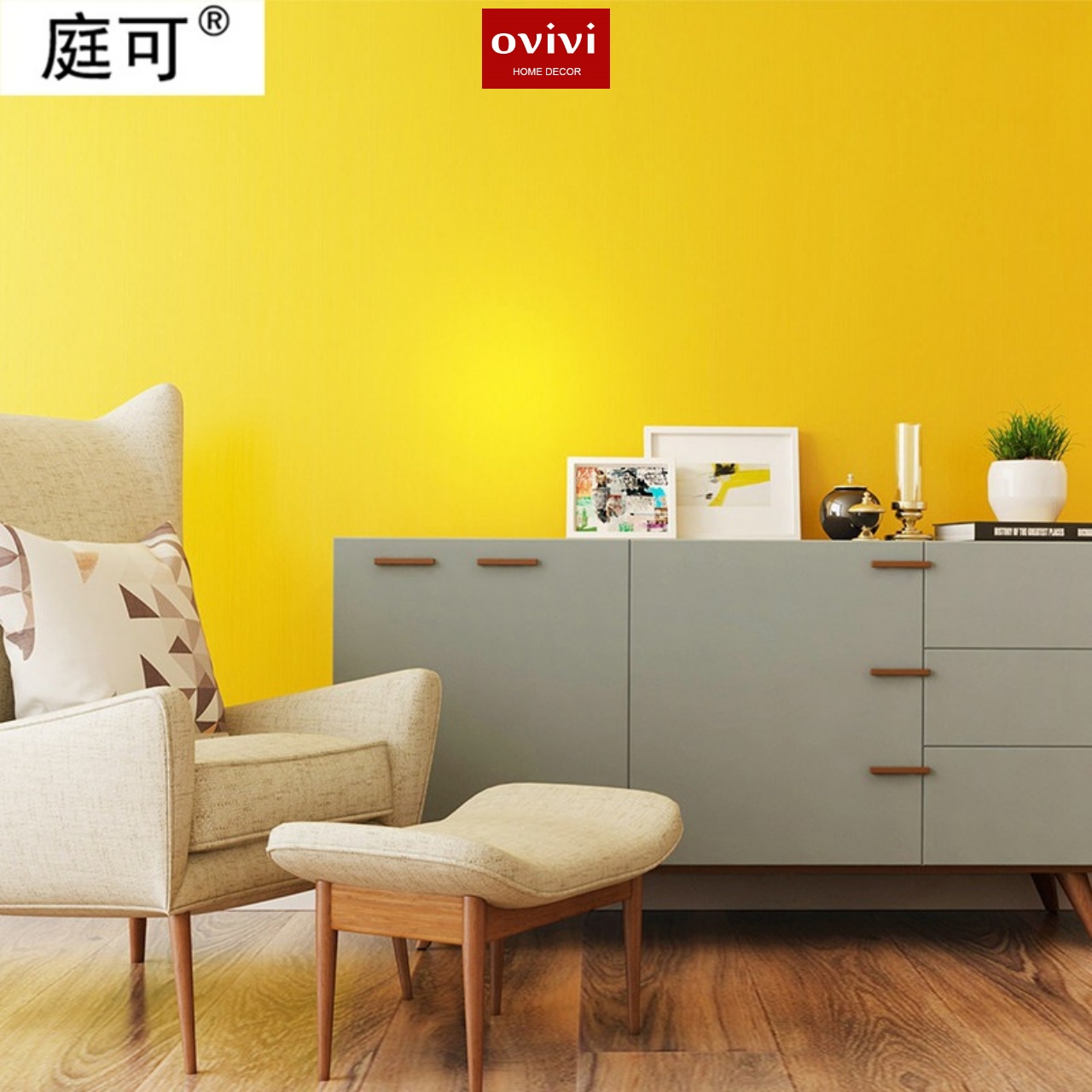Giấy dán tường có keo sẵn màu vàng chanh đậm - Ảnh 4