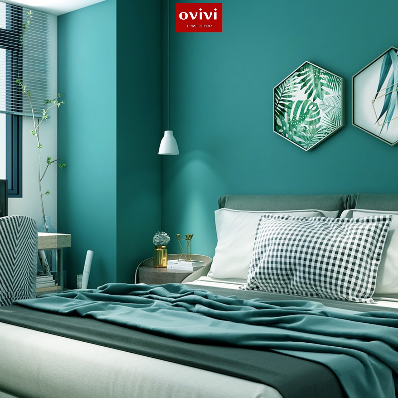 Giấy dán tường có keo sẵn màu xanh cổ vịt - Ảnh 3