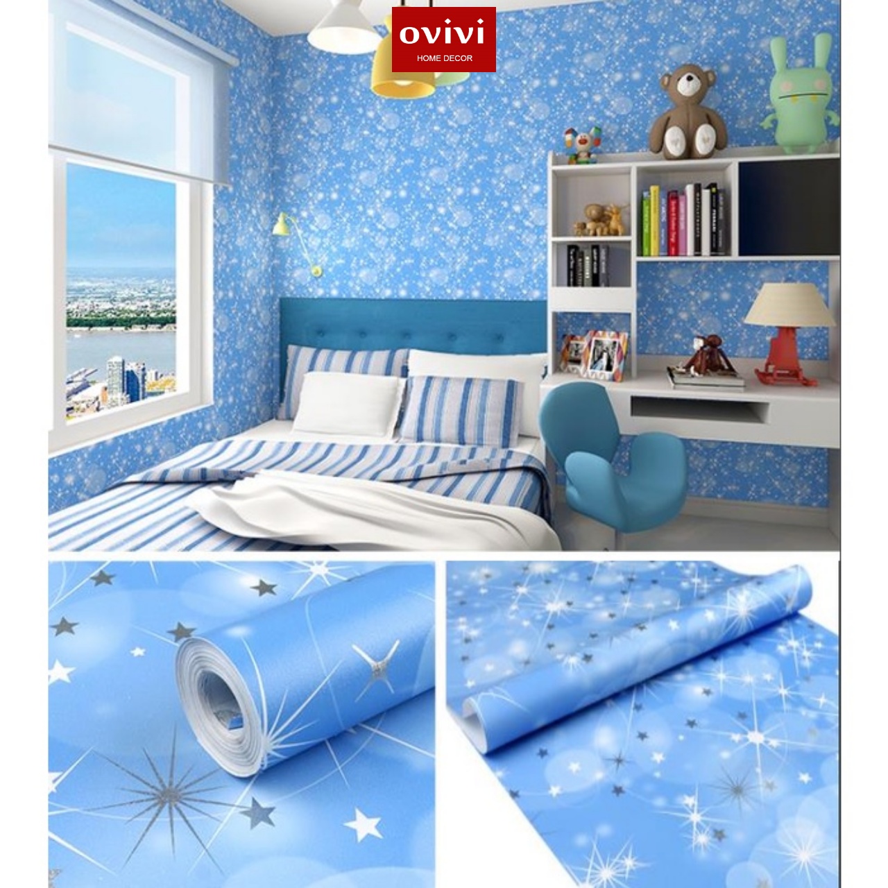 Giấy dán tường có keo sẵn sao xanh - Ảnh 5