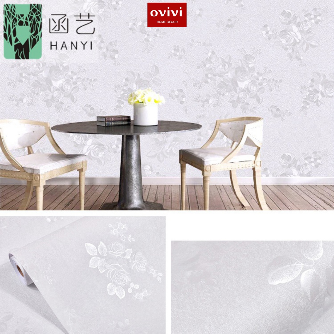 Giấy dán tường có keo sẵn hoa hồng trắng nổi 3d - Ảnh 5