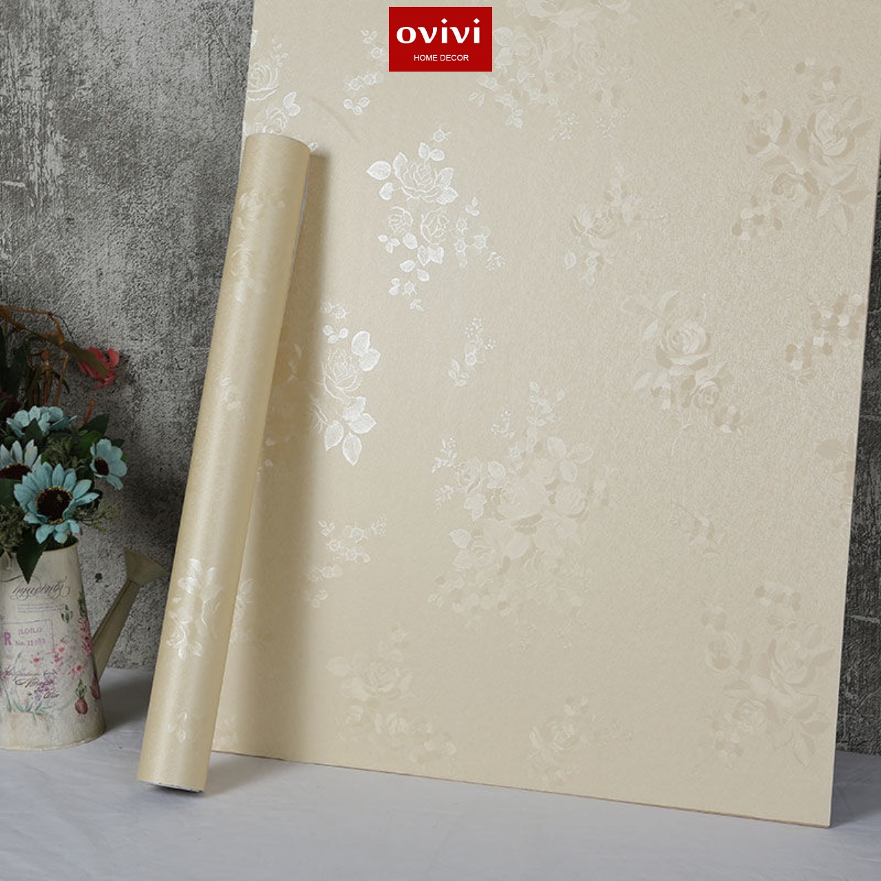 Giấy dán tường có keo sẵn vàng hoa nổi - Ảnh 4