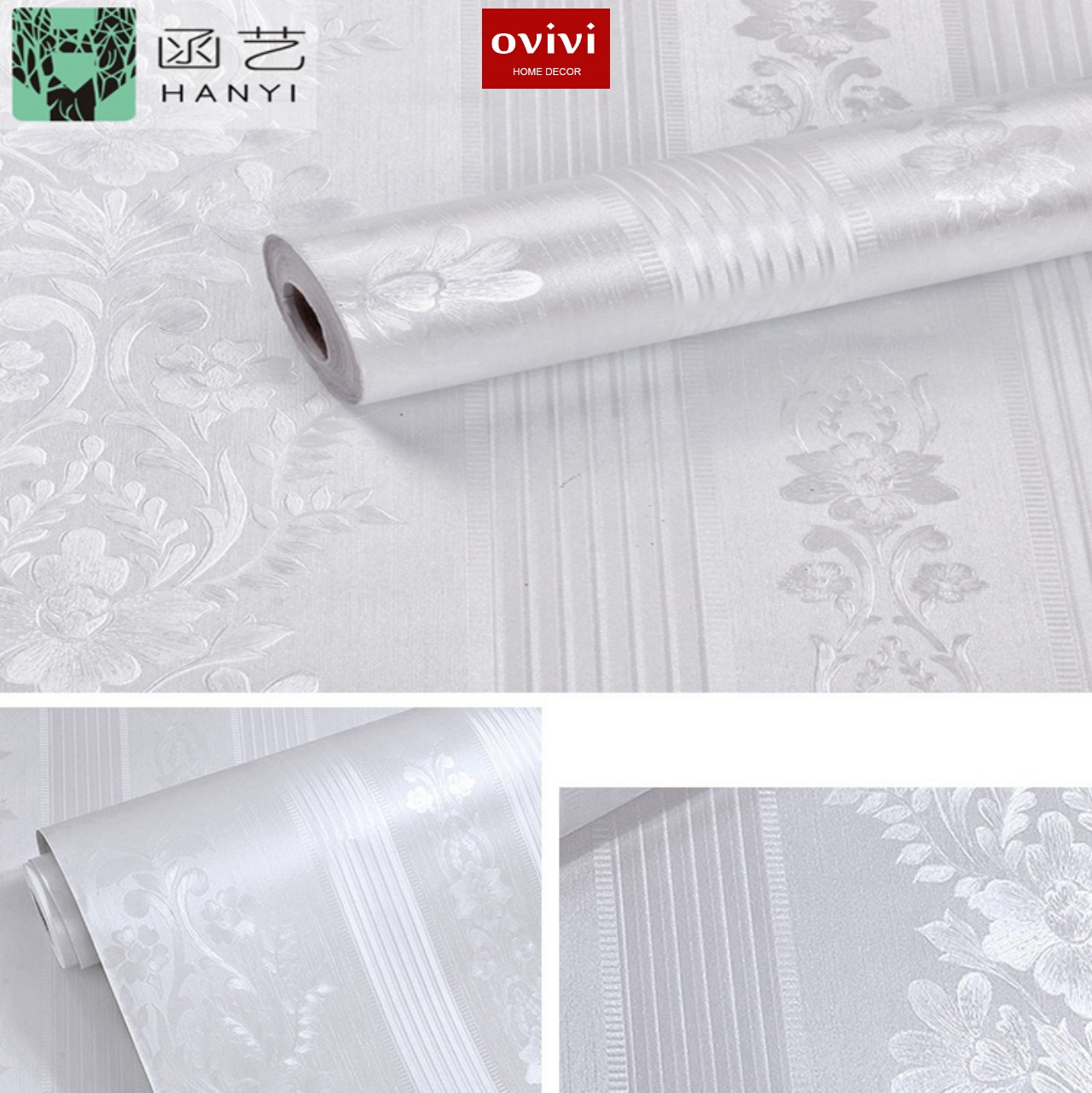 Giấy dán tường có keo sẵn trắng sọc 3d