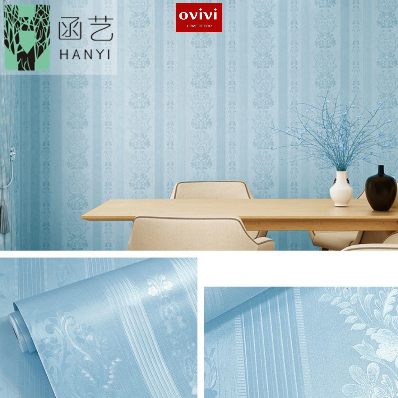 Giấy dán tường có keo sẵn xanh sọc 3d - Ảnh 2