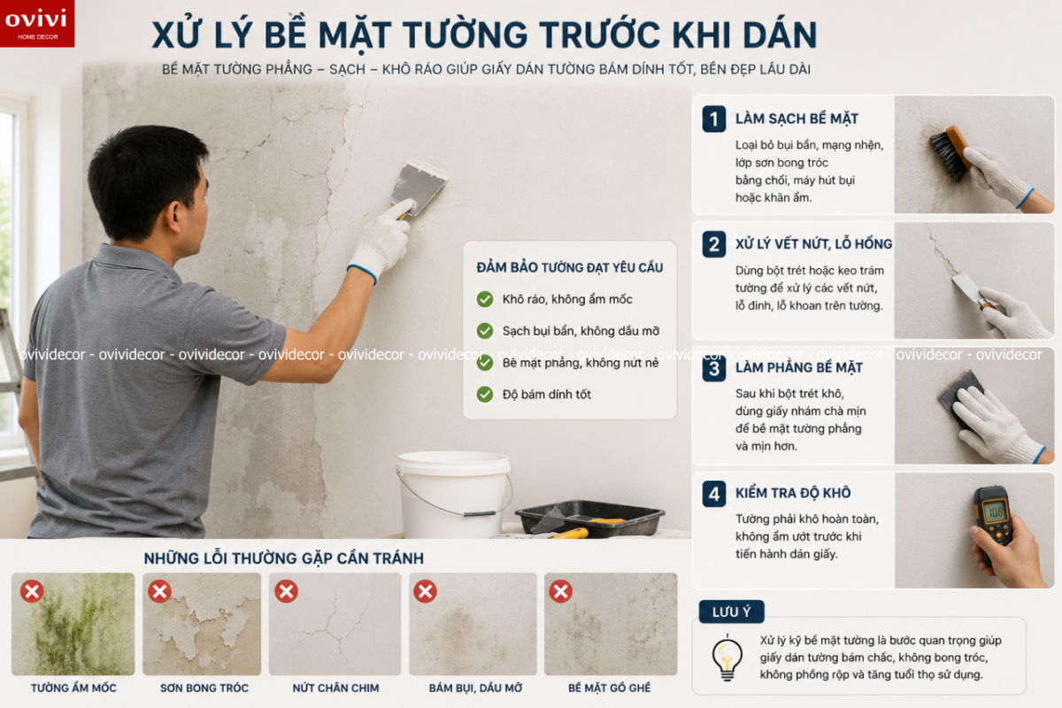 Xử lý bề mặt tường trước khi dán giấy dán tường hàn quốc
