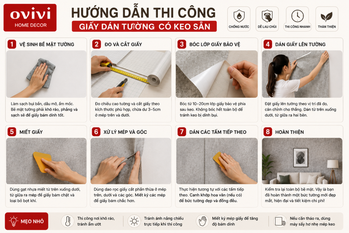 hướng dẫn thi công giấy dán tường có keo sẵn