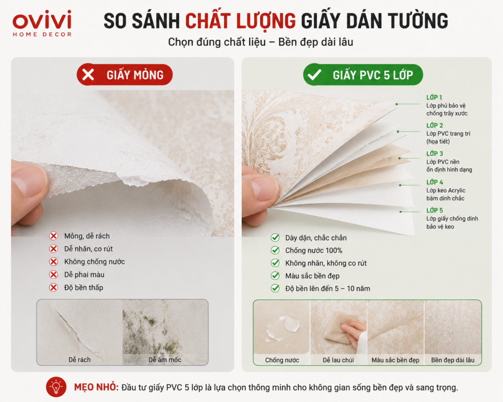 so sánh chất lượng giấy dán tường có keo sẵn ovivi