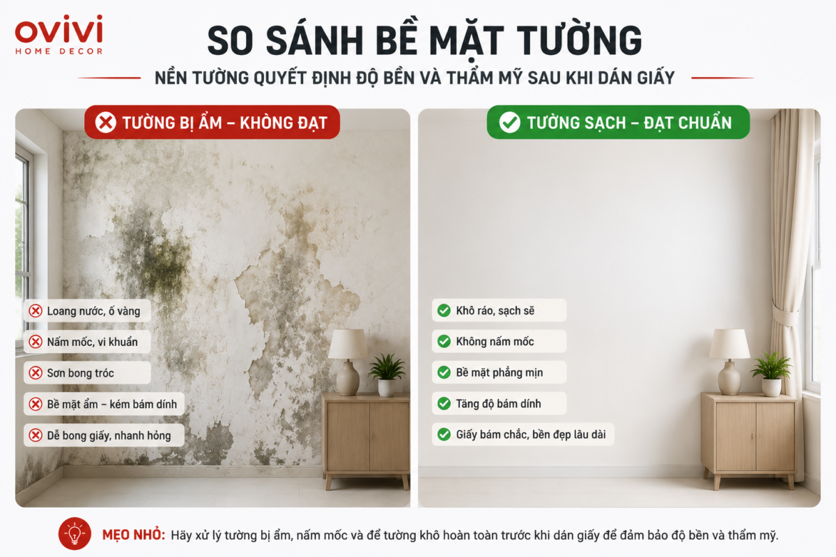 so sánh bề mặt tường bị ẩm không đạt và tường sạch đạt chuẩn để dán giấy