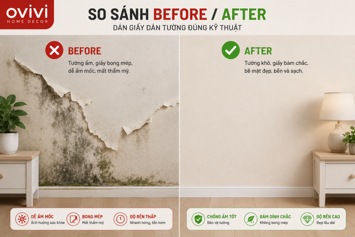 so sánh trước và sau khi dán giấy dán tường đúng kỹ thuật