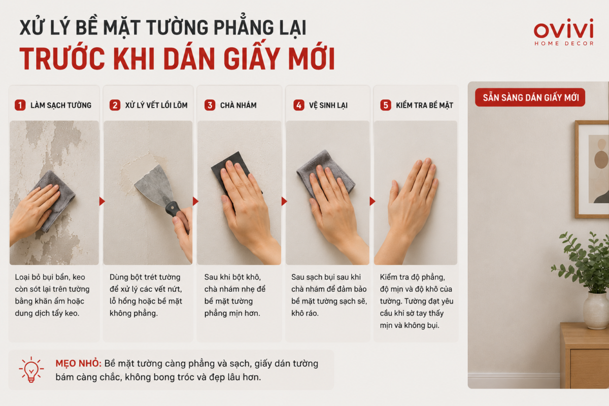 xử lý bề mặt tường phẳng lại trước khi dán giấy dán tường mới