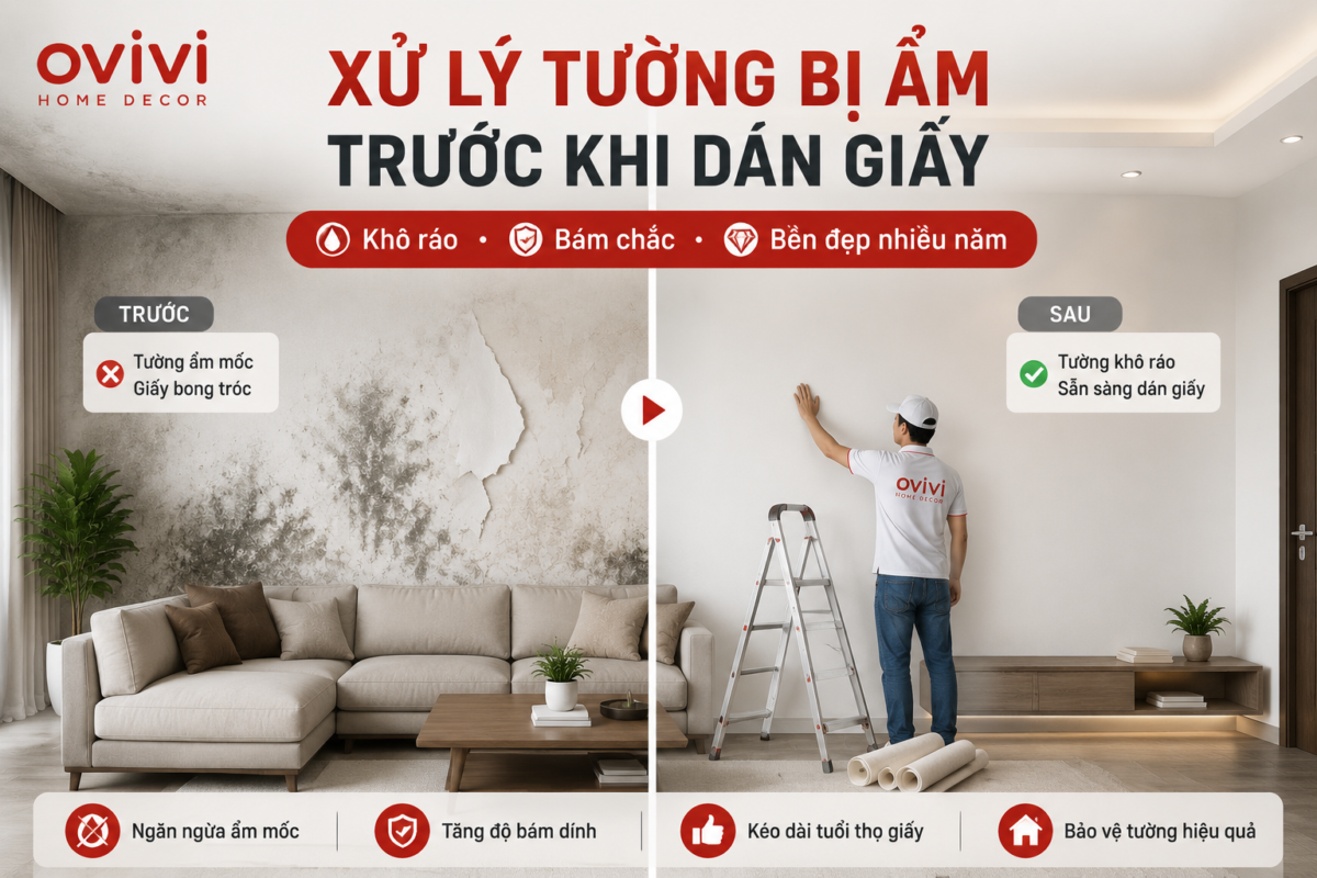 cách xử lý tường bị ẩm trước khi dán giấy